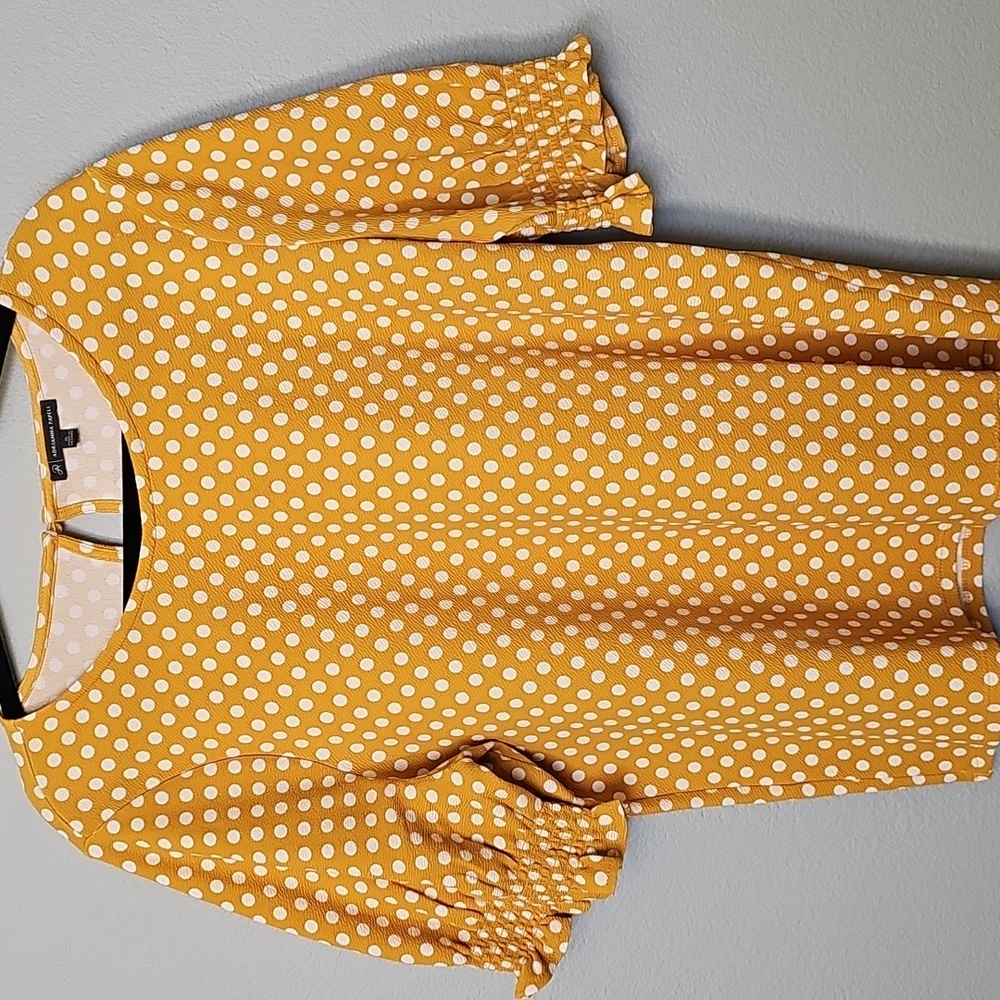 Adrianna Papell XL Feminine Girly Puff Sleeve Yellow Polka Dot Women's Top Blous